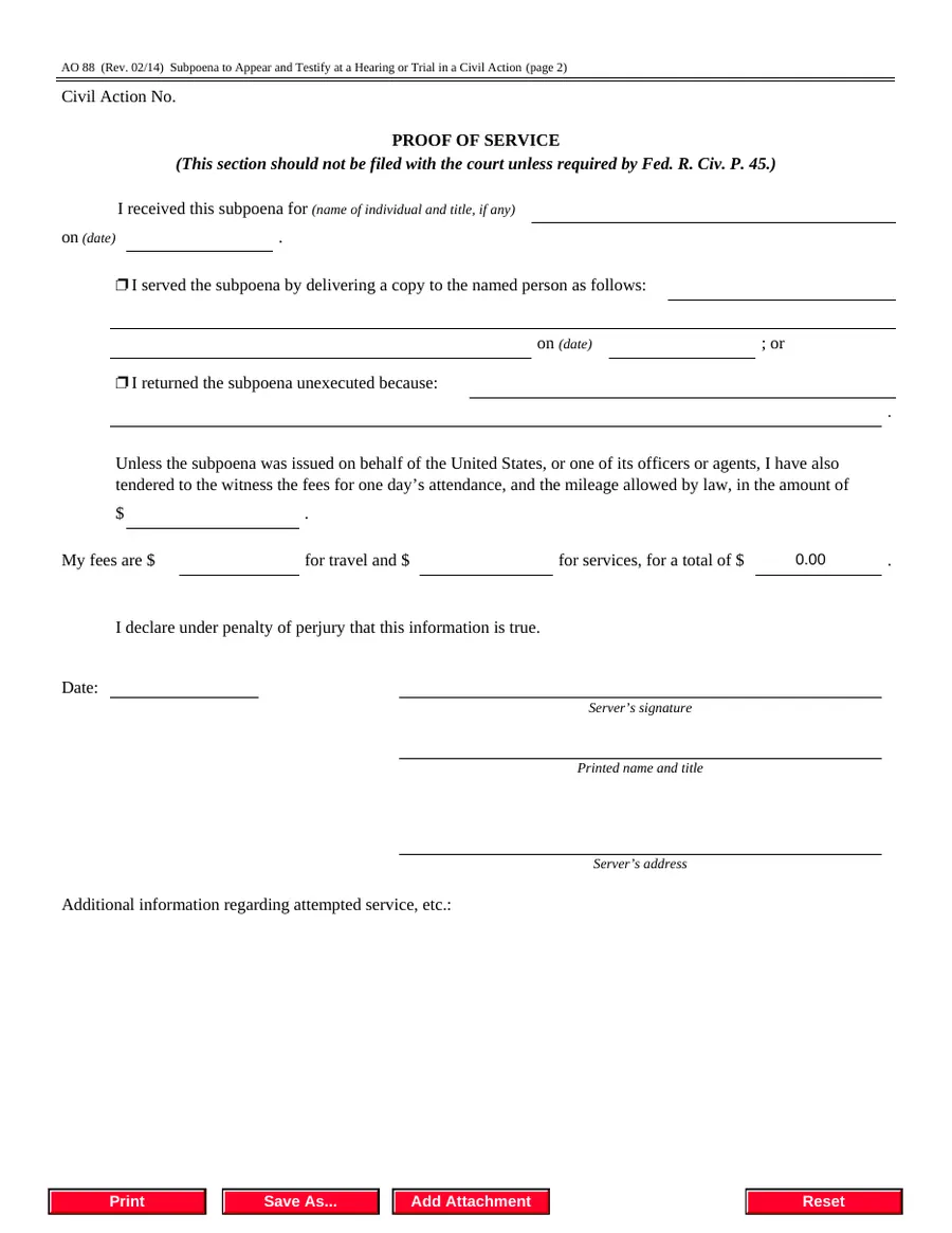 Page 2 of AO 88 — Subpoena to Appear and Testify at a Hearing or Trial in a Civil Action (Federal) (blank)