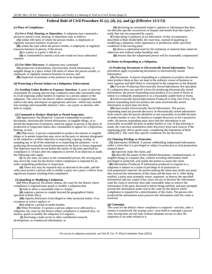 Page 3 of AO 88 — Subpoena to Appear and Testify at a Hearing or Trial in a Civil Action (Federal) (blank)