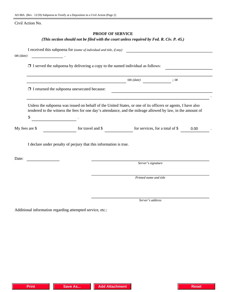 Page 2 of AO 88A — Subpoena to Testify at a Deposition in a Civil Action (Federal) (blank)