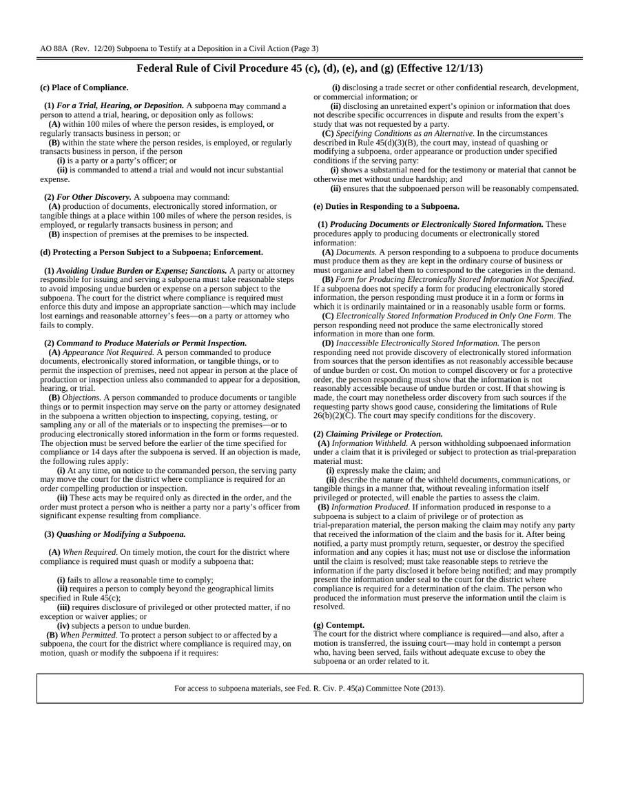 Page 3 of AO 88A — Subpoena to Testify at a Deposition in a Civil Action (Federal) (blank)