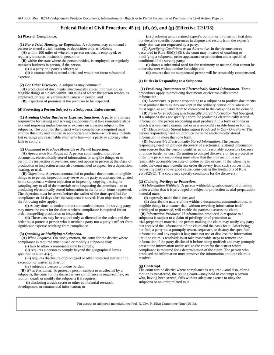 Page 3 of AO 88B — Subpoena to Produce Documents, Information, or Objects or to Permit Inspection of Premises (Federal) (blank)