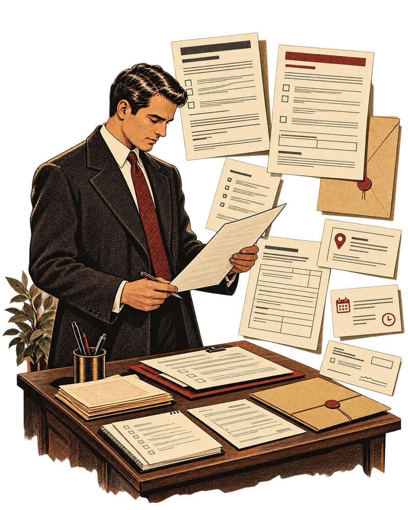 Illustration: a constable reviews a document surrounded by forms, envelopes, a calendar and checklists.
