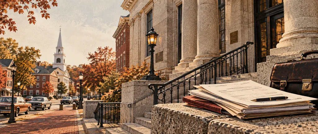 Illustration: a briefcase and stacks of legal papers rest on the granite steps of a columned courthouse in a New England town.