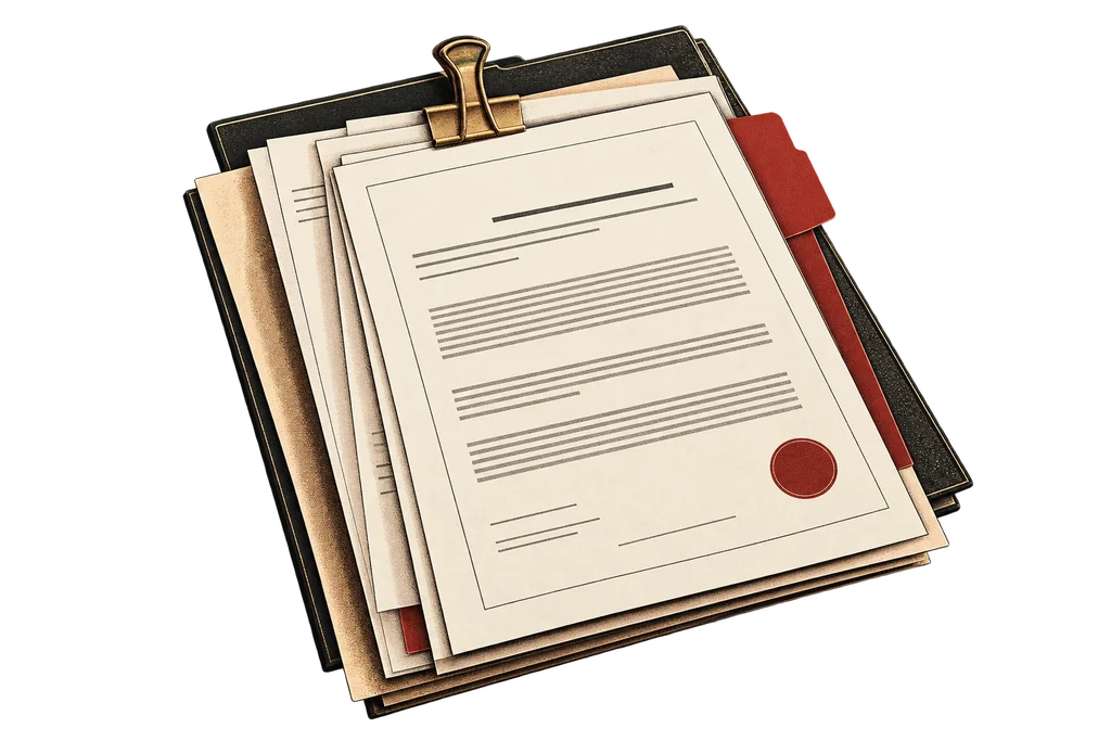 Illustration: a clipboard folder of legal documents with a red wax seal.