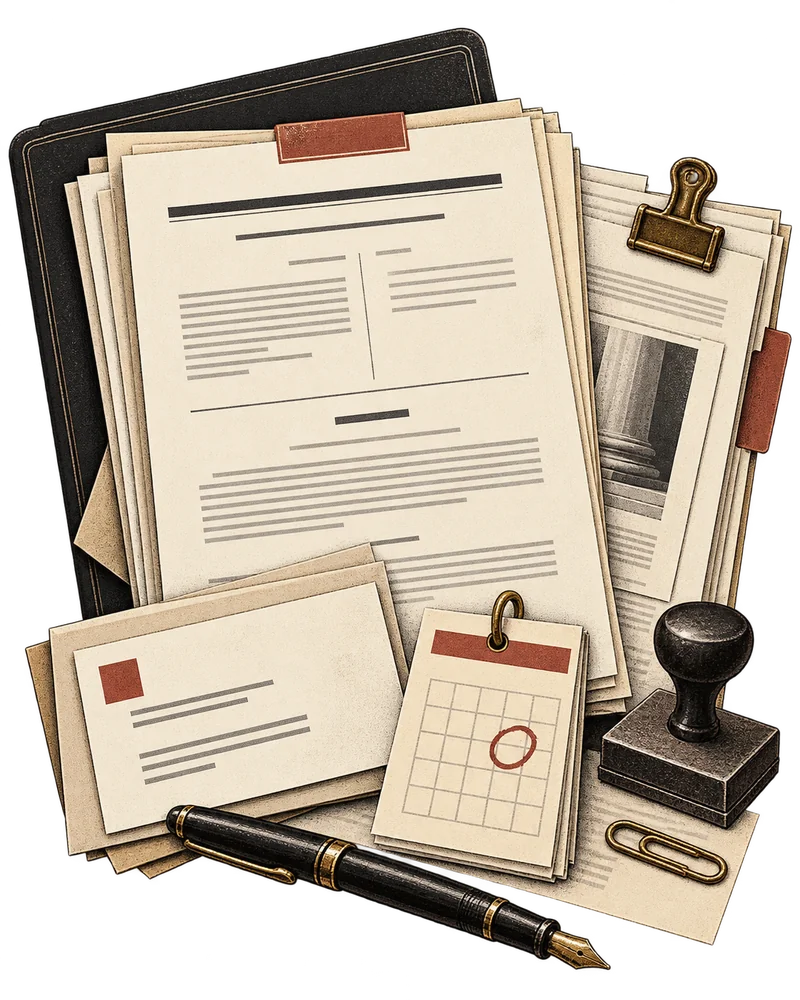 Illustration: a set of legal forms with a calendar, rubber stamp, envelope and fountain pen.