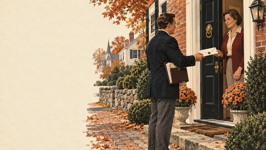 Ilustración: un constable con abrigo oscuro entrega documentos a un residente en la puerta de entrada de una casa de ladrillo de Nueva Inglaterra en otoño.
