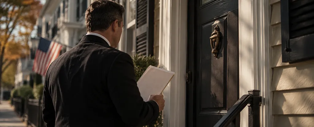 Illustration: a constable holding a document stands at the dark front door of a clapboard house.