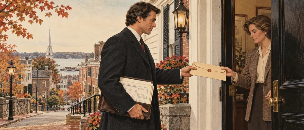 Illustration: a constable hands a sealed envelope to a resident standing in a doorway.