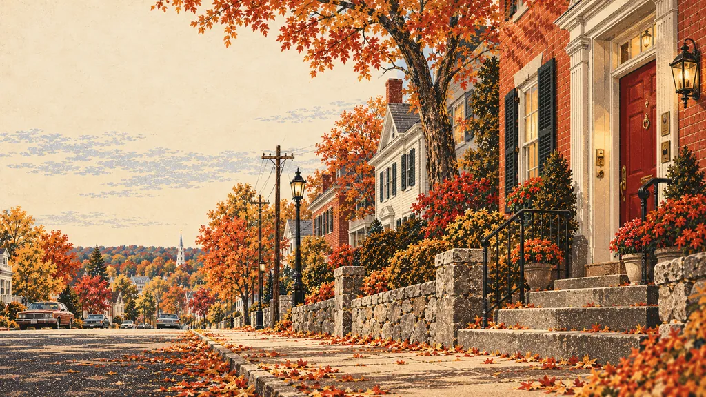 Ilustración: la calle principal de un pueblo de Nueva Inglaterra, con casas de ladrillo y de tablas de madera en pleno colorido otoñal.