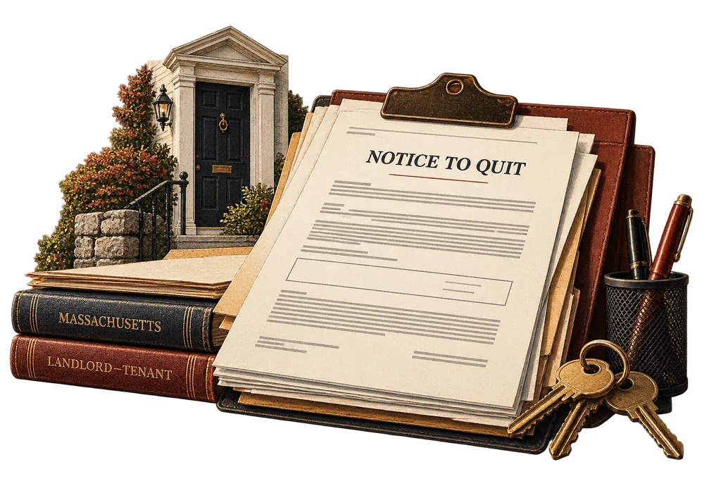 Illustration: a Notice to Quit on a clipboard with house keys, a doorway and Massachusetts landlord–tenant law books.