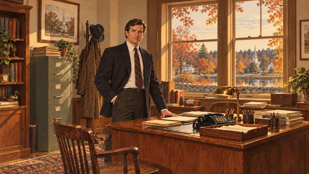Illustration: a constable’s office with a wooden desk, filing cabinets and windows onto autumn trees.