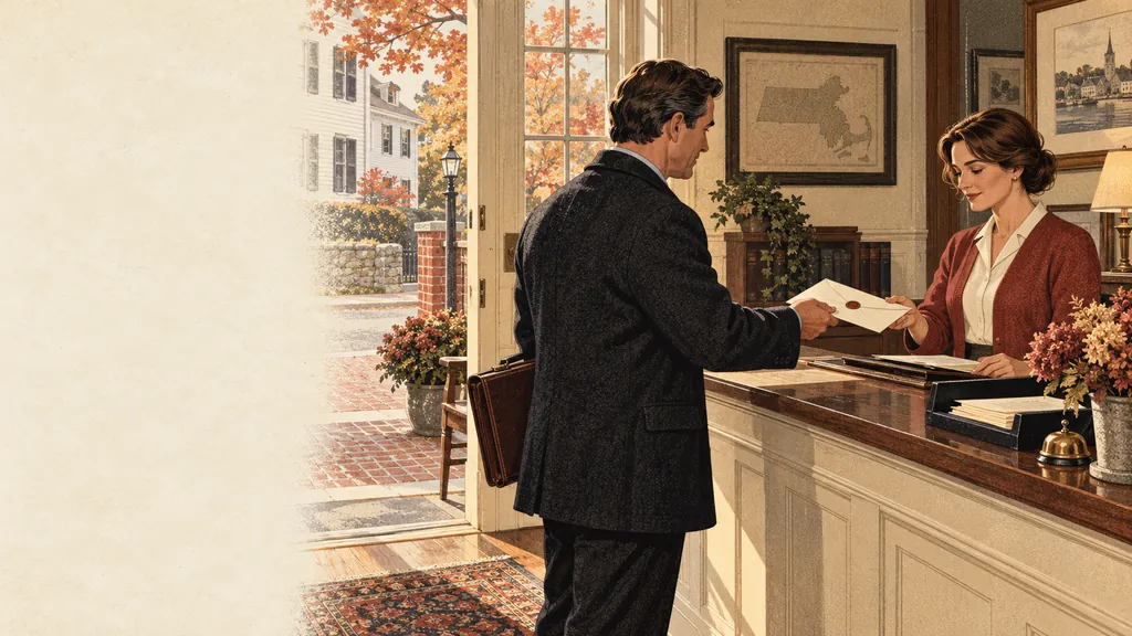 Illustration: a constable presents a document to a records clerk across an office counter.