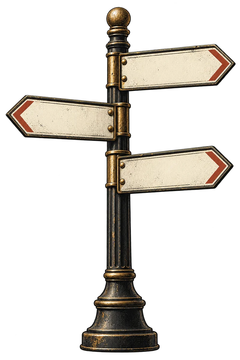 Illustration: an antique iron signpost with three blank direction signs.
