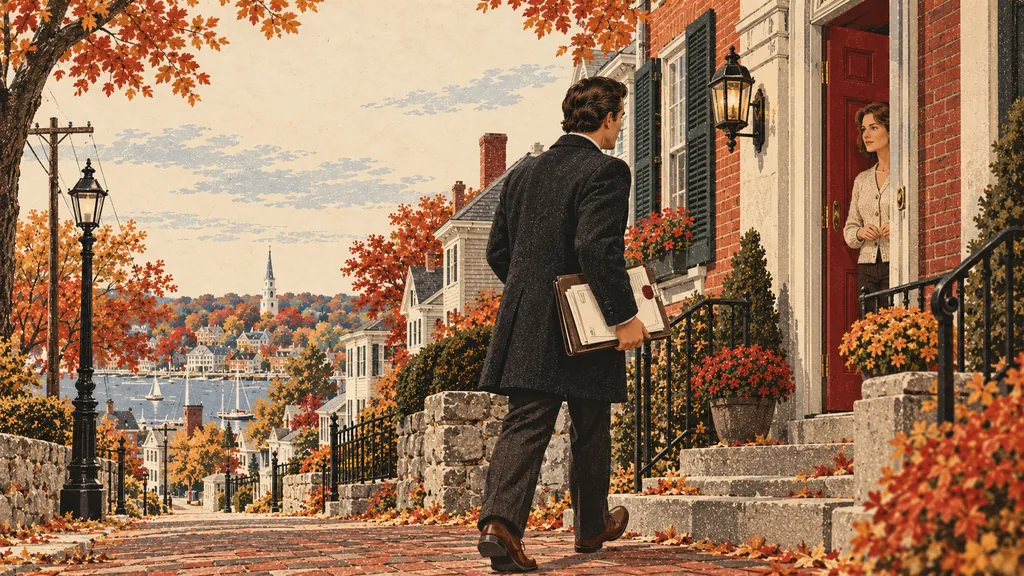 Illustration: a constable climbs the front steps of a colonial house to deliver papers to a resident at the door.