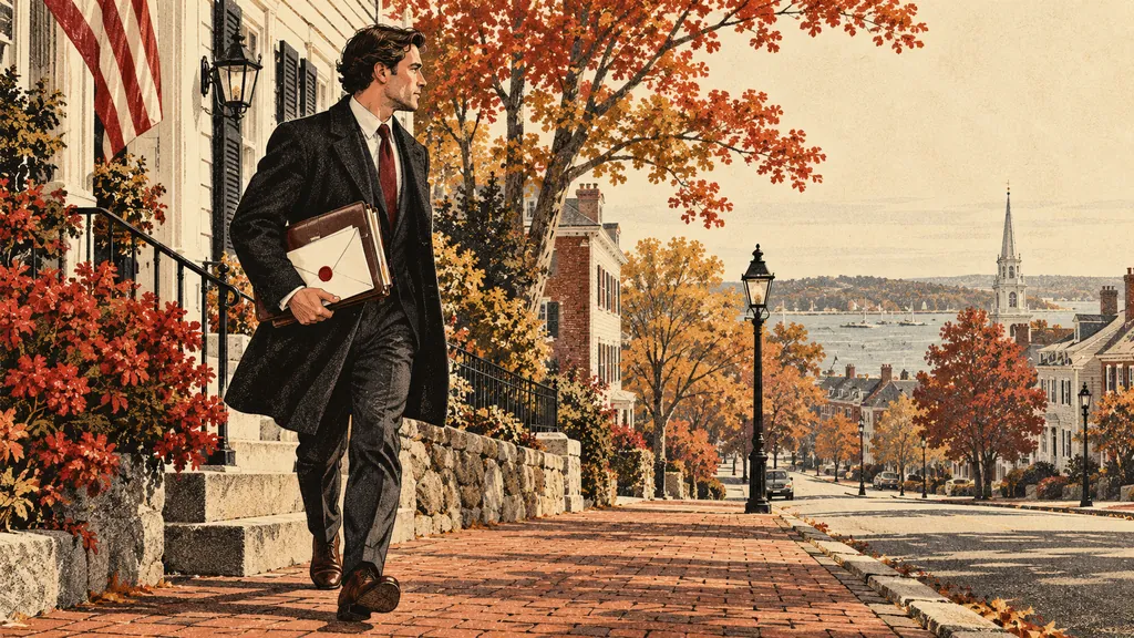 Illustration: a constable carrying a folder walks along a brick sidewalk on a New England main street lined with autumn trees and a white church steeple.